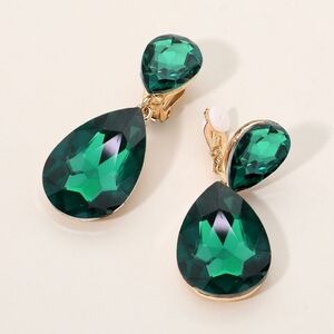 Green Dangle Crystal Clip On Earrings 2 Inches Double Tear Drop ClipOns Jewelry